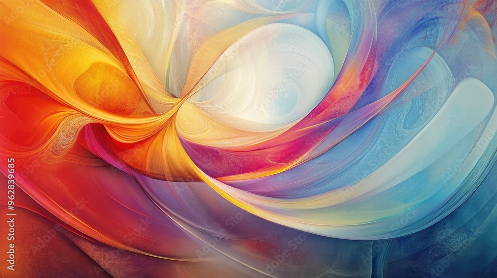Poster vibrant abstract symbol of happiness and freedom, with dynamic flowing patterns set against a calmin