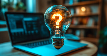 A light bulb with a question mark on it is floating above a laptop computer. Concept of curiosity and wonder, as if the light bulb is asking a question or seeking an answer