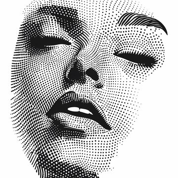 Close-up of a woman's face with closed eyes in a halftone pattern.