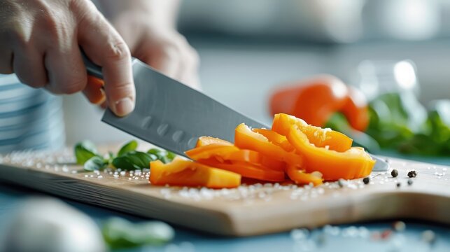 A bell pepper being sliced, revealing its seeds and juicy interior.