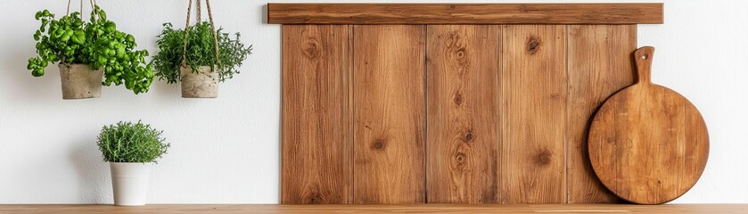Fototapeta premium Rustic Wooden Partition Panels, farmhouse kitchen, distressed wood finish, hanging plants, natural light, country-style warmth