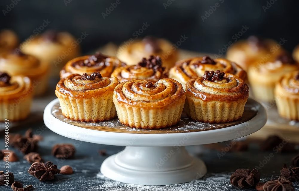 Poster a white cake stand with a variety of cinnamon rolls on it. the rolls are all different sizes and hav