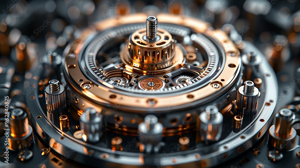 Poster close-up of a complex, intricate mechanical system with gears, cogs, and rotating parts.