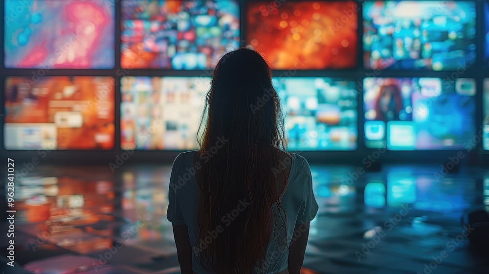 Fototapete a woman silhouette against the backdrop of an illuminated wall with multiple screens displaying vari