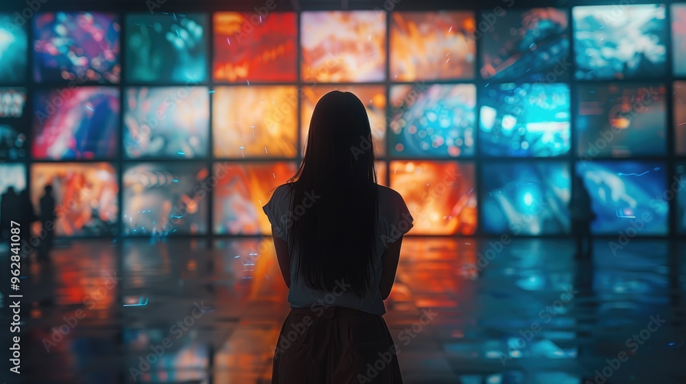 Fototapete a woman silhouette against the backdrop of an illuminated wall with multiple screens displaying vari