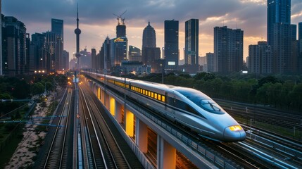 Obraz premium Photo of the high-speed rail network interface, showing the seamless integration of magnetic technology across the urban landscape.