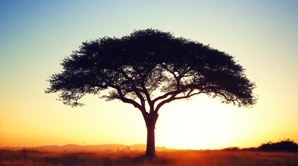 Fototapeta premium Vibrant Savanna Landscape with Diverse Wildlife and Vegetation. The scene showcases a sprawling savanna, characterized by golden grasses, scattered trees, and a distant horizon.