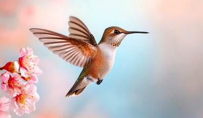 Obraz premium A hummingbird is flying over a pink flower. Concept of freedom and beauty, as the bird soars through the air with grace and elegance. The pink flower adds a touch of color and vibrancy to the scene
