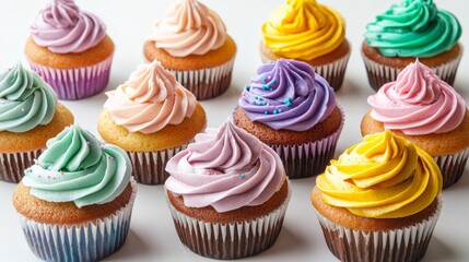 Assorted cupcakes on white background, colorful icing