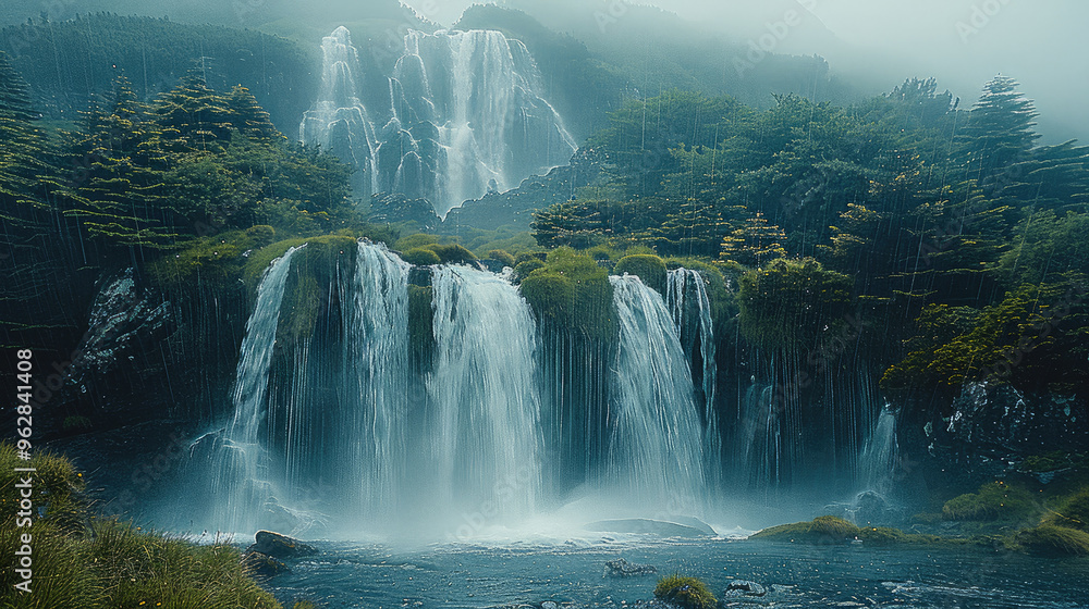 Poster in the distance, there is an ethereal white waterfall on top of mountain. generative ai.