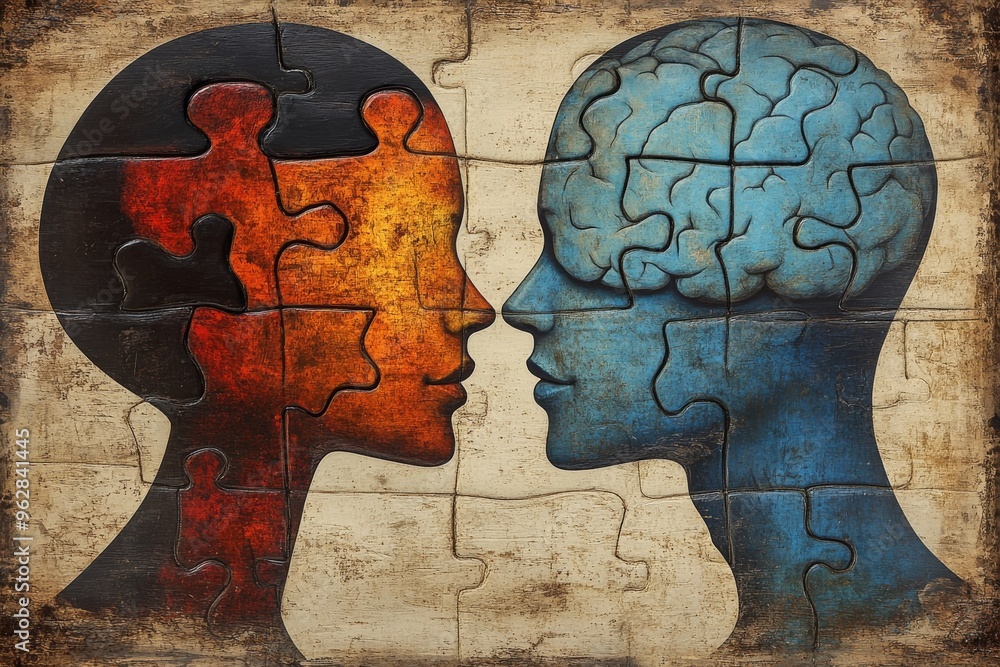 Poster neural implant neural mesh retro style illustration of two profiles with puzzle pieces for brains re