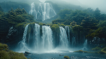 In the distance, there is an ethereal white waterfall on top of mountain. Generative AI.