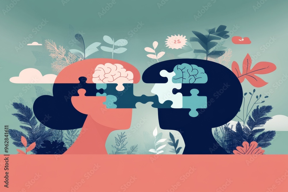 Poster cognitive augmentation neural mesh whimsical cartoon style illustration of two profiles with puzzle 