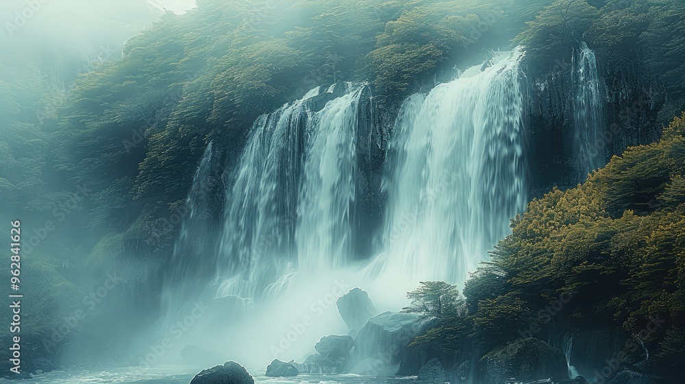 Poster in the distance, there is an ethereal white waterfall on top of mountain. generative ai.