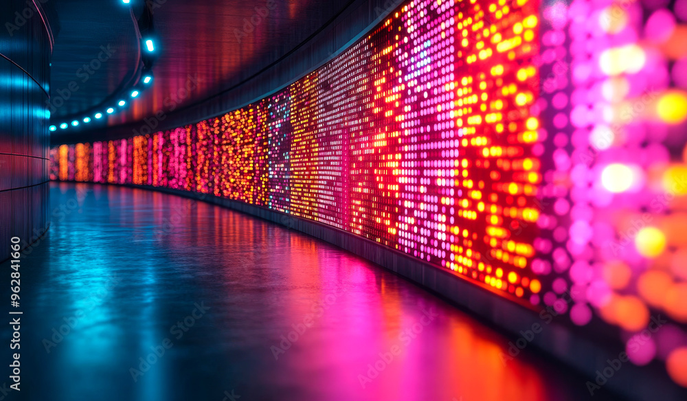 Poster a long hallway with a colorful wall of lights. the lights are in different colors and are arranged i
