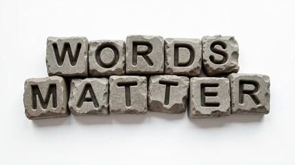 Words matter carved in stone blocks on a white background