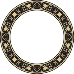Vector round gold with black border, frame, Pompeii ring. Circle Neopolitan ornament. Art of Ancient Rome