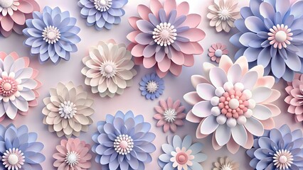 A collection of delicate, paper flowers in various pastel shades are arranged on a light blue background. Some flowers are fully bloomed, while others are partially closed.