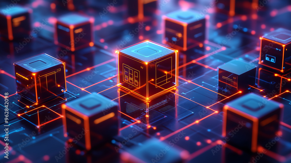 Poster blockchain technology concept with glowing red and orange data blocks