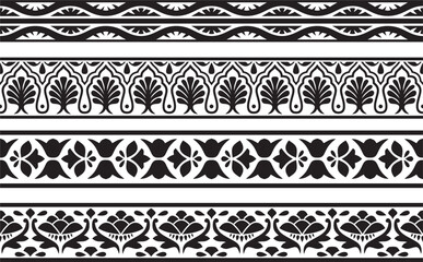 Vector set of seamless monochrome black Indian national ornament. Ethnic endless plant border. Flowers frame. Poppies and leaves