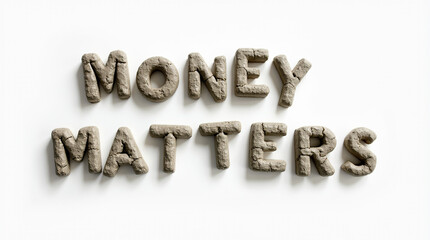 Money matters written with river rock letters on white background