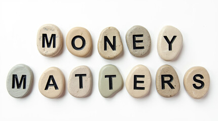 River rocks spelling money matters on white background