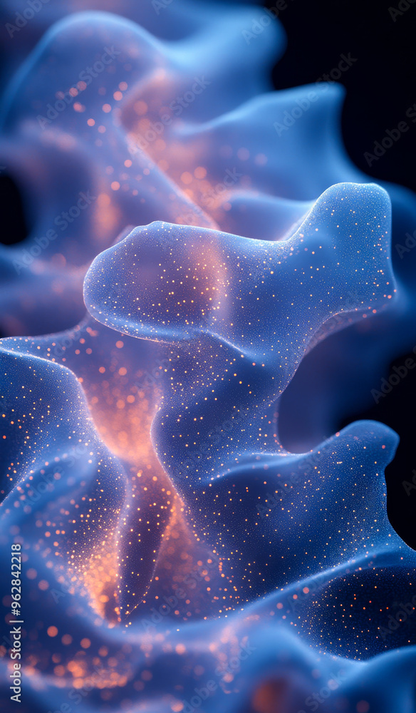 Poster a blue and orange blob with a lot of sparkles. the image is abstract and has a dreamy, surreal feel 