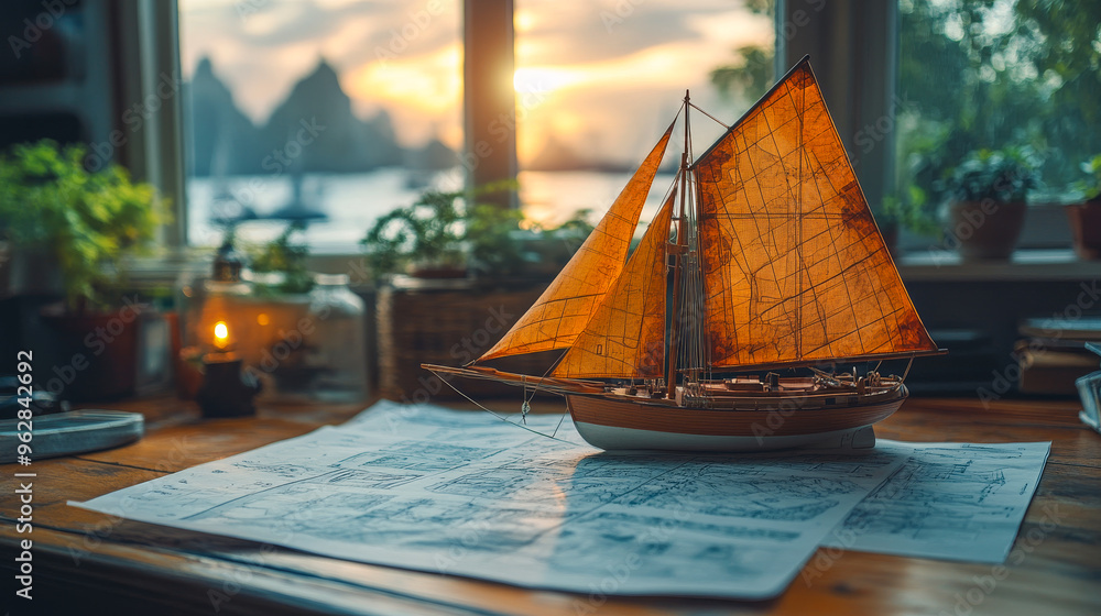 Poster a model sailboat sits on a table next to a map. the scene is peaceful and serene, with the sailboat 