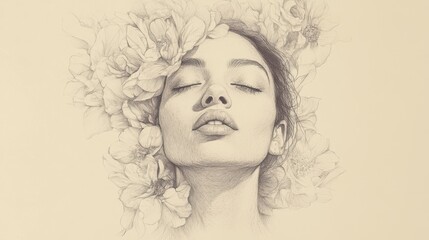 Biblical Illustration: Imagining Love's Embrace: A Bride Envisions Sweet Kisses Among Blooming Flowers, Symbolizing Romance in Song of Solomon on a Beige Background