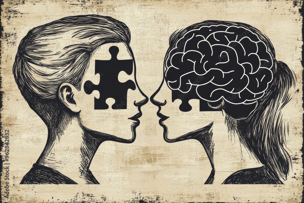 Poster neural chips neural mesh vintage style illustration of two women in profile with puzzle pieces for b
