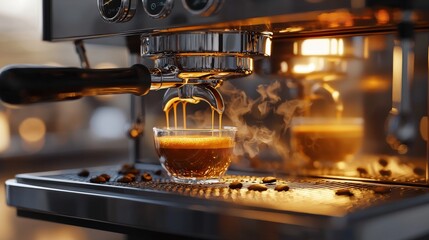 Dynamic 3D Render of Espresso Machine Brewing with Detailed Focus on Coffee Flow and Steam