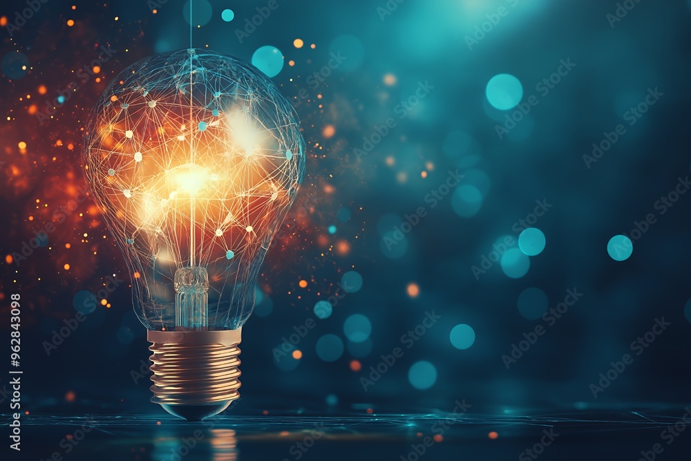 Poster a glowing light bulb with a network of lines and dots inside, on a dark blue background with bokeh l