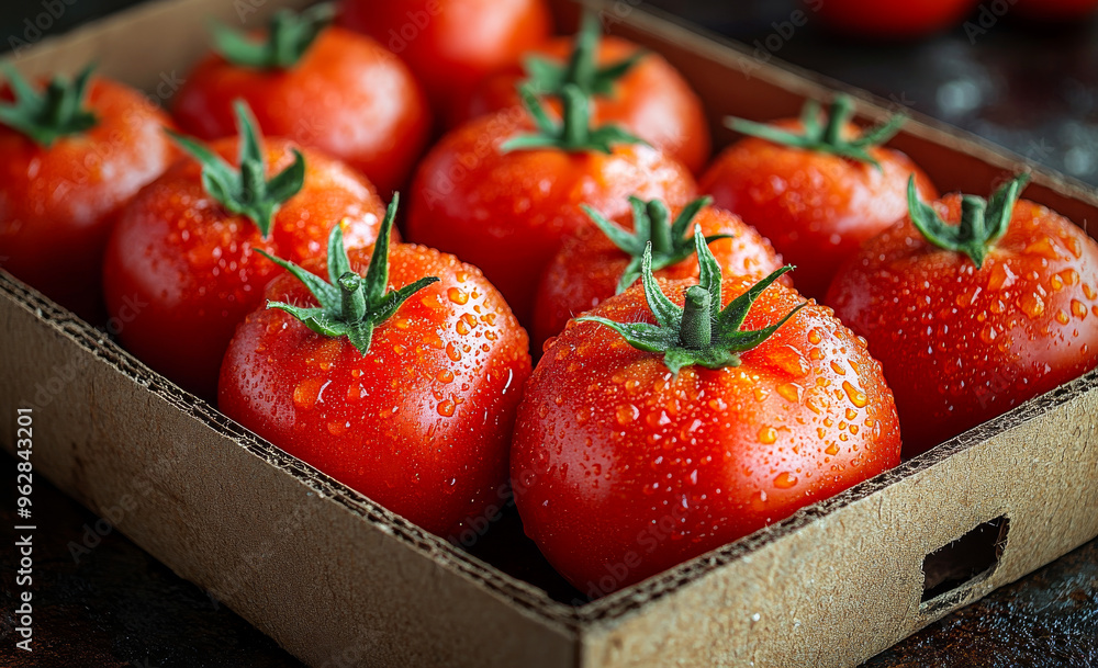 Aufkleber red tomatoes in a box close-up. a box of tomatoes with a few drops of water on them.