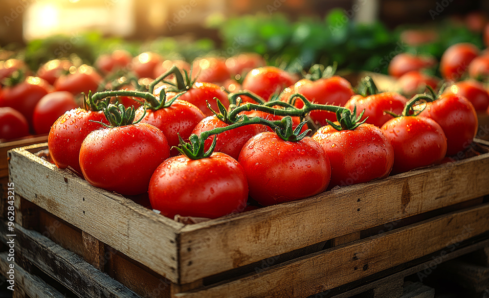 Poster a crate full of red tomatoes. the crate is wooden and has a rustic feel. the tomatoes are shiny and 