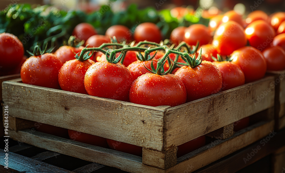 Poster a crate of tomatoes is sitting on a wooden table. the tomatoes are red and shiny, and they are arran