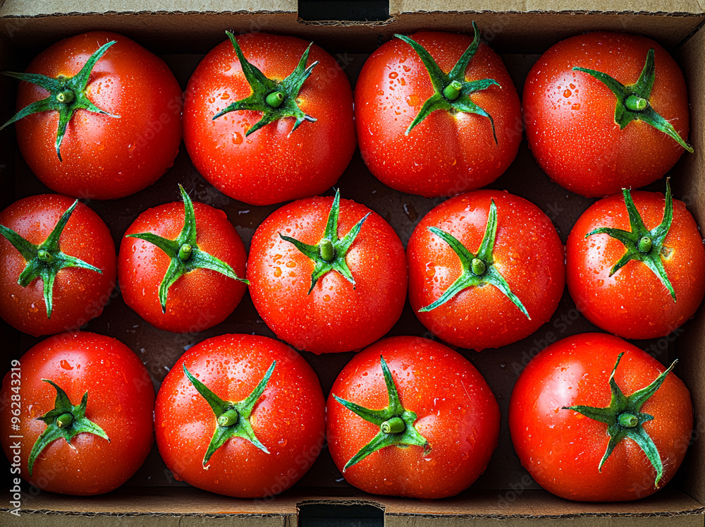 Poster a box of tomatoes with a few of them still attached to the stem. the box is full of tomatoes and the