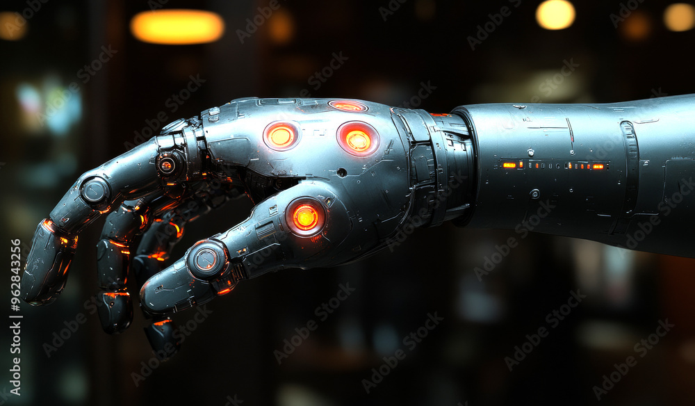 Poster a robotic hand with glowing red and orange lights. the hand is made of metal and he is a part of a l