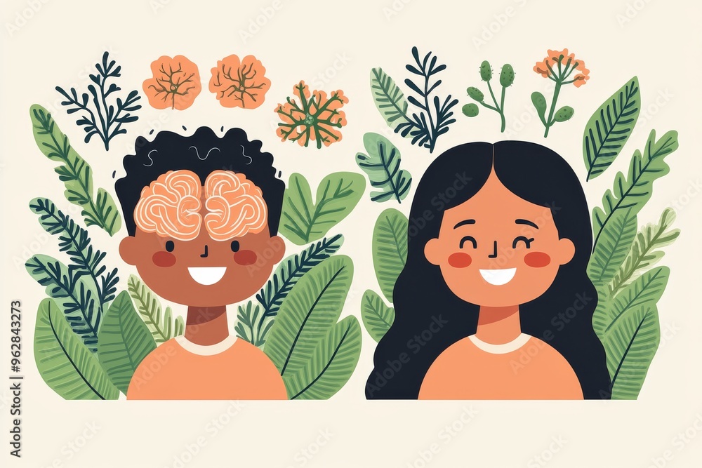 Poster neural interfacing neural mesh playful illustration of two children with flowers growing from their 