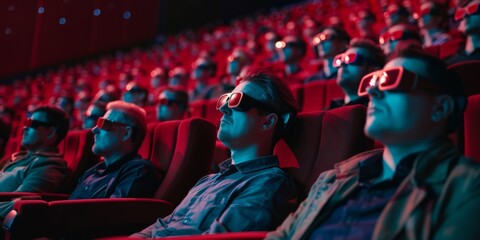 3d cinema audience, using 3d glasses, enjoying the movie in the cinema