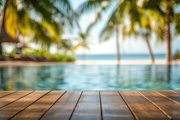 Fototapeta premium A serene poolside view with palm trees and ocean in the background, evoking relaxation and leisure.