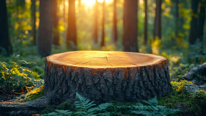 A large tree stump sits in the middle of a forest. The stump is surrounded by green grass and moss, and the sunlight is shining on it, creating a peaceful and serene atmosphere