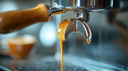 Photo-realistic espresso machine brewing espresso, close-up of coffee flowing, finely detailed crema and espresso shot, natural lighting, warm morning light, high-definition textures, steam effects