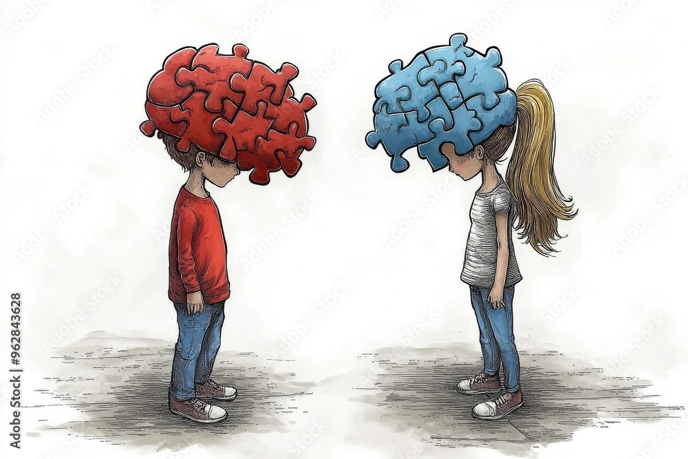 Aufkleber brain gear neural mesh whimsical illustration of two children with oversized puzzle brains symbolizi