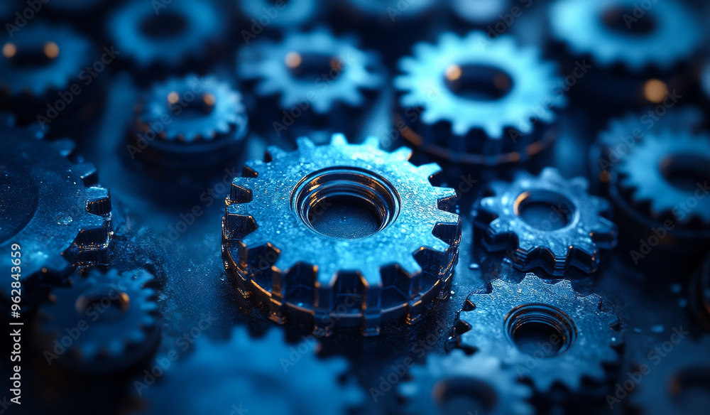 Poster a close up of many blue gears with a metallic look. the gears are all different sizes and shapes, bu