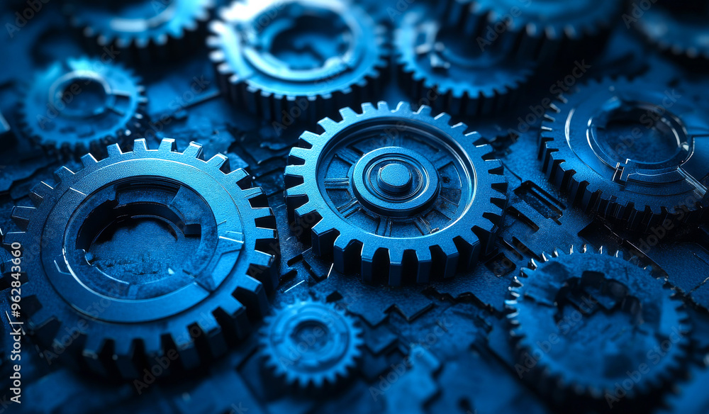 Poster a blue image of gears with a clock face on the middle. the gears are all different sizes and are arr