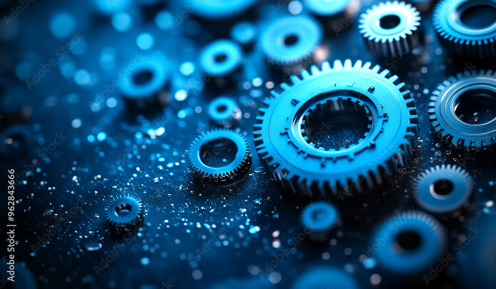 Poster a blue background with many gears of different sizes. the gears are all different shapes and sizes, 