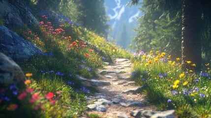 A Sunlit Path Through a Mountain Meadow