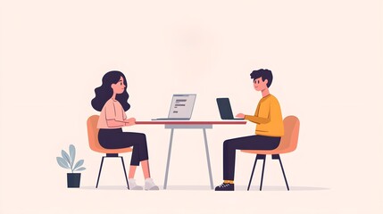 Two people sitting at a table with laptops in front of them