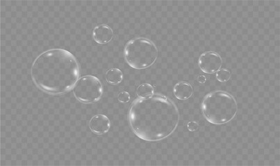 Realistic soap vector bubbles png isolated on transparent background. The effect of falling and flying bubbles. Glass bubble effect