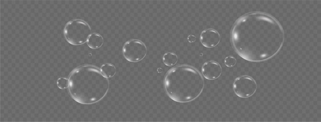 Realistic soap vector bubbles png isolated on transparent background. The effect of falling and flying bubbles. Glass bubble effect
